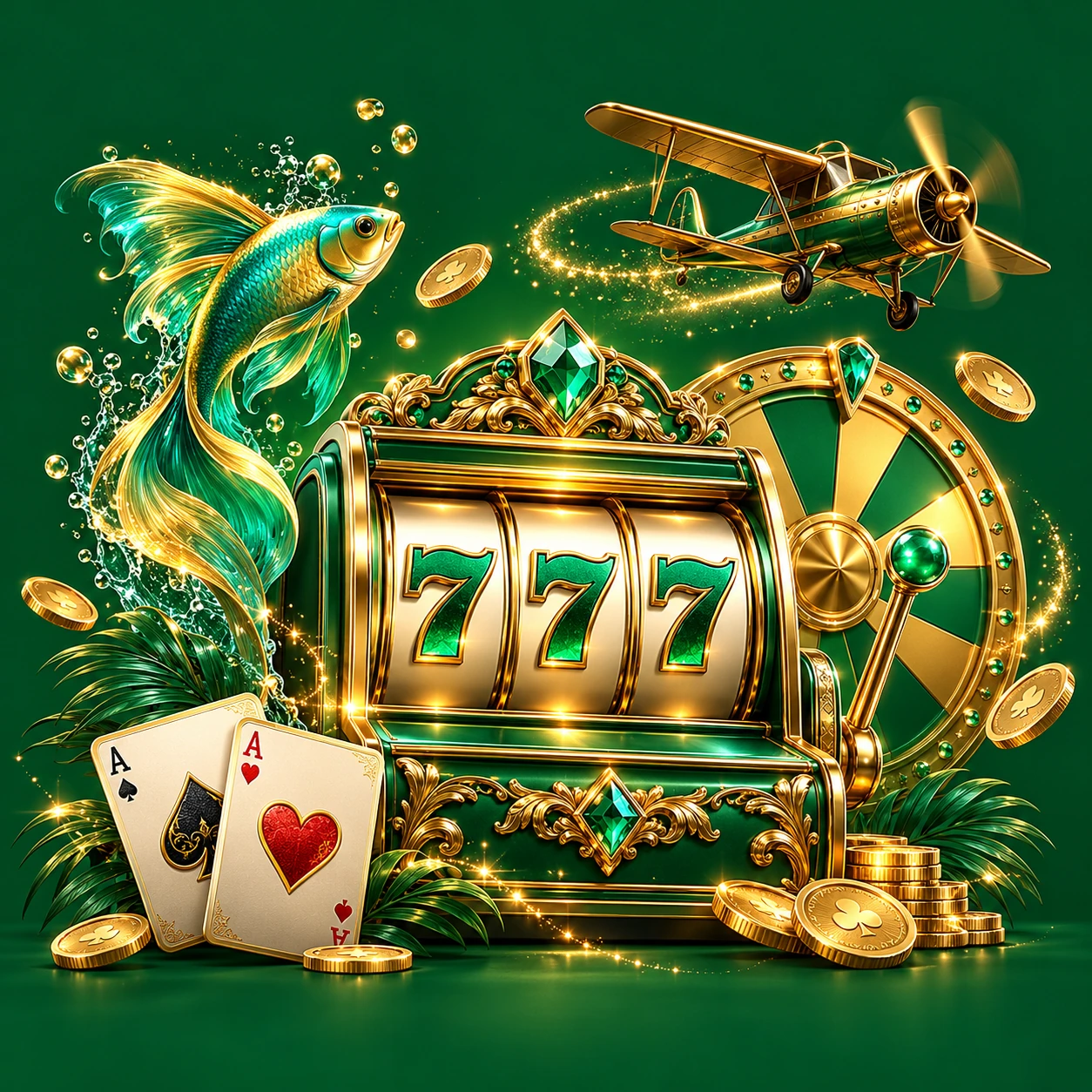 Emerald and gold game world with slot reels, fish, aircraft, prize wheel and cards